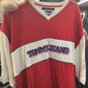 Tommy Jeans Red and White V-Neck Shirt